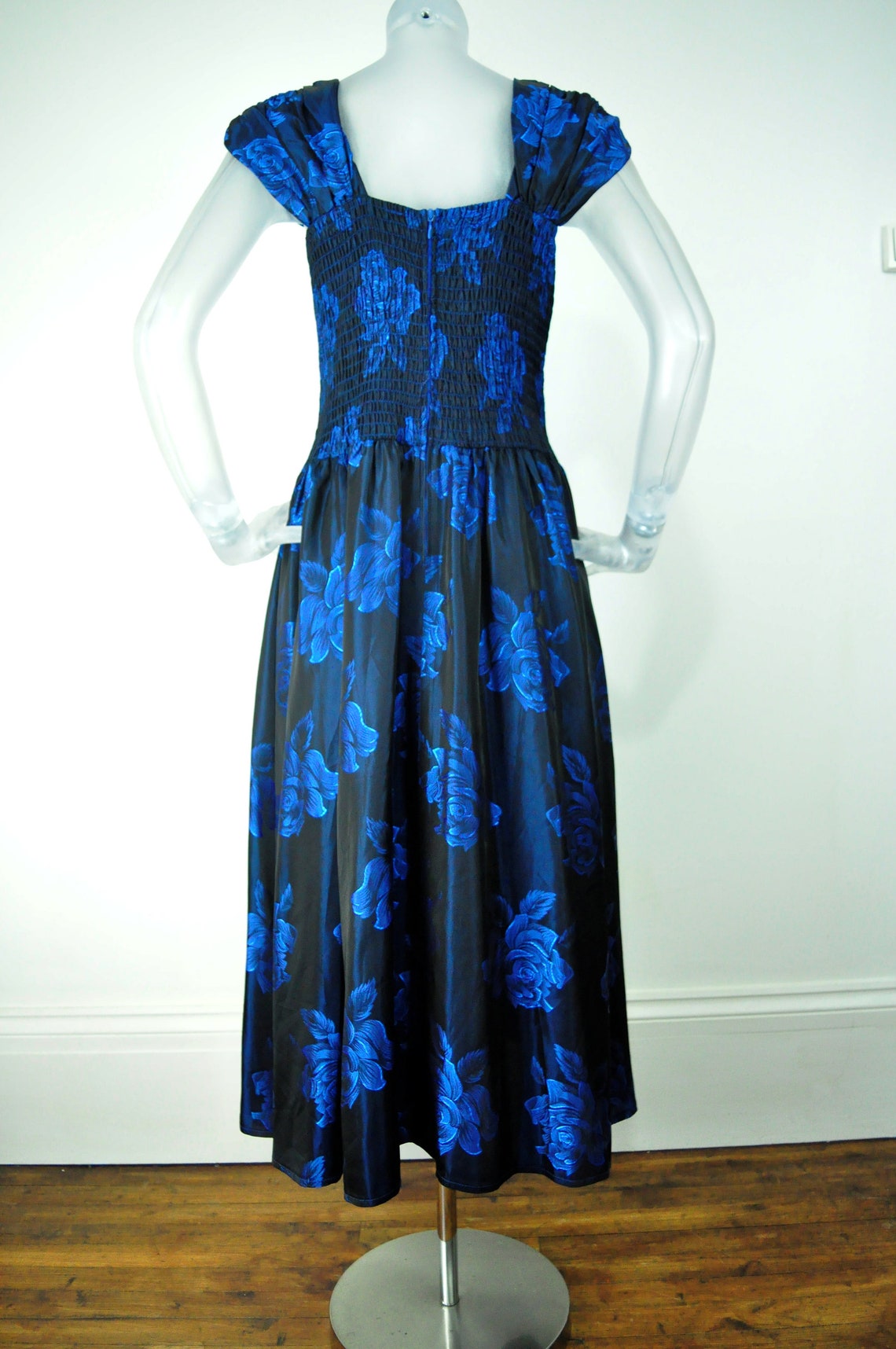 Vintage 1980s Party Dress Black Blue Rose 50s Style Full