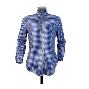 Vintage Folk Check Shirt/ Blue White Check Blouse UK 12 Fr 40 / Tyrolean Shirt/ Long Sleeve Blouse/Fitted Shirt/ Trachten Wear/Cotton