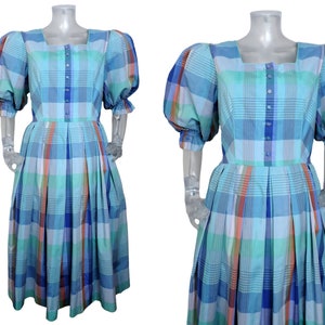 Vintage Folk Dirndl Dress/Blue Green Check Puff Sleeve Bohemian Dress UK 14 Fr 42 Oktoberfest/Bavarian/Austrian/German/Tyrolean/Cottagecore
