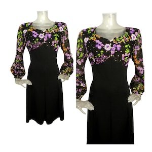 VINTAGE 1970s Dress/Retro Black Purple Party Dress/UK 12 Fr 40 /70s Dress/Balloon Sleeves Mini Dress/Mod Dress/Crimplene