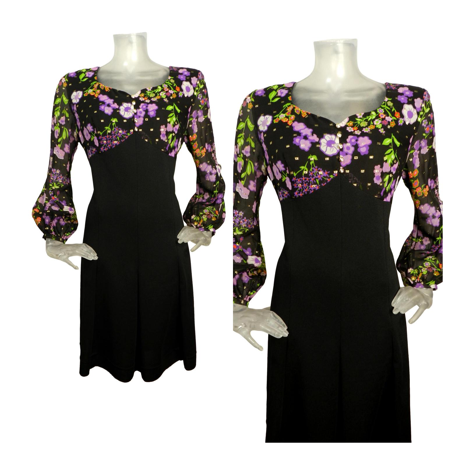 VINTAGE 1970s Dress/Retro Black Purple Party Dress/UK 12 Fr 40 /70s Dress/Balloon Sleeves Mini Dress/Mod Dress/Crimplene