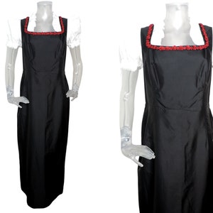 Vintage Black Tube Silk Folk Dress/ Boho Party Dress/ Red Roses/ UK 12 Fr 40/ Long Dress