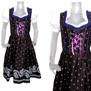 Folk Dirndl Dress/Brown Purple Flora Dress/Boho UK 14 Fr 42 Vintage Oktoberfest/Bavarian/Austrian/German/Tyrolean/Trachten/Cottagecore