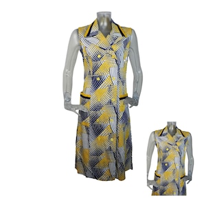 VINTAGE 1970s Dress/Yellow Blue Geometric Print Dress /UK 14 F 42 /70s Dress/Mod Dress/Scooter Dress/Psychedelic/ Retro Dress/Op Art/Cotton