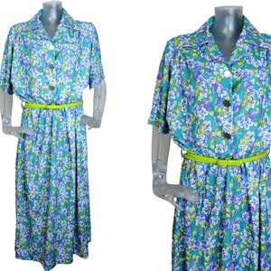 VINTAGE jaren 1970 jurk/retro groen paarse bloem secretaresse jurk/UK 22 Fr 52/70s jurk/fladder mouw/dag jurk/bloemen