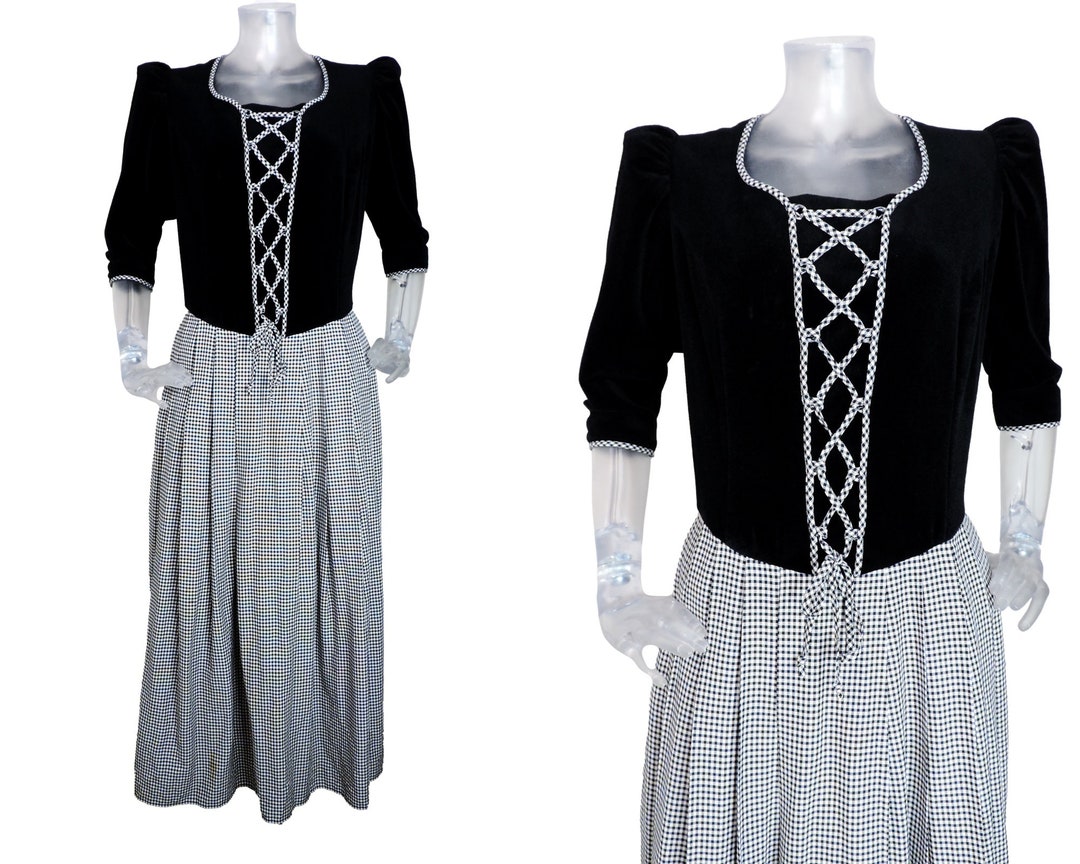 VINTAGE Folk Dress/ Black Check Bohemian Dress UK 18 Fr 46 Oktoberfest