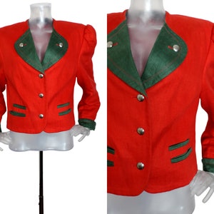 Vintage Bavarian Folk Jacket/ Red Green Lapels Linen Cropped Jacket/UK 12 Fr 40/Christmas/Oktoberfest/Cottagecore/Austrian/Trachten/Tyrol