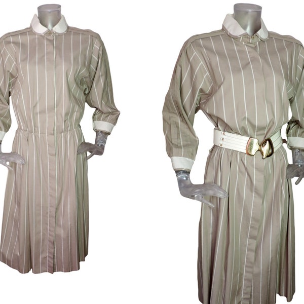 VINTAGE 1980s Dress/Retro Neutral Beige White Stripe Cotton Dress/UK 14 Fr 42 /80s Dress/New Wave/ Urban /Button Front