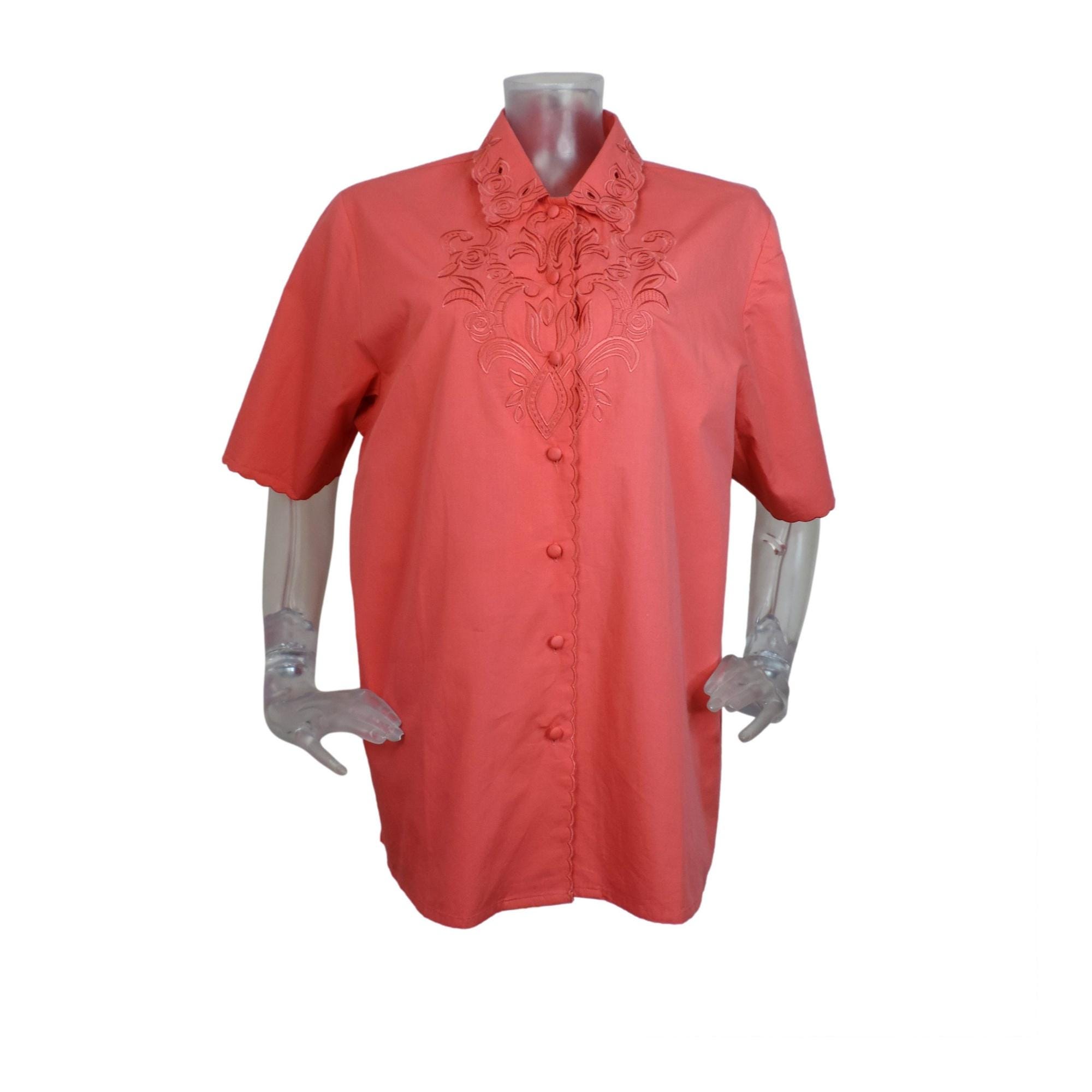 Vintage 1980s Coral Orange Embroidered Blouse Top uk 16 fr 44 New wave/ Indie/80s blouse top/summer festival/cotton short sleeve blouse