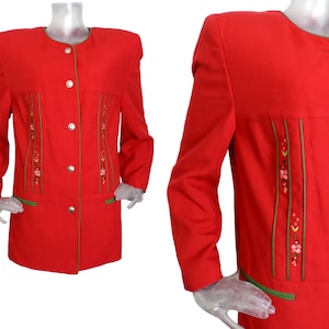 Vintage Bavarian Folk Jacket/Red Embroidered Flower Long Length Jacket/UK 12 Fr 40/Christmas/Oktoberfest/Cottagecore/Austrian/Trachten/Tyrol