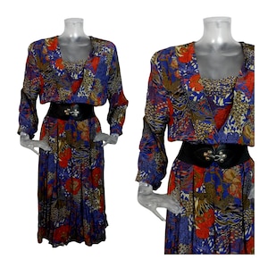 VINTAGE 1980&#39;s Dress /Red Tan Pleated Dress / UK 14 Fr 42  /80s Dress /Avant Garde /New Wave/Party dress/Secretary Dress/Floral Dress