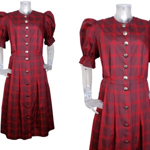 Vintage Folk Dirndl Dress/Wine Red Check Puff Sleeve Bohemian Dress UK 16 Fr 44 Oktoberfest/Bavarian/Austrian/German/Tyrolean/Cottagecore