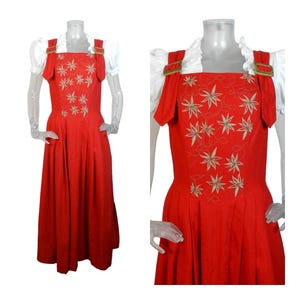 Vintage Dirndl Dress/Tomato Red Gold Folk Dress/UK 12 Fr 42/Oktoberfest /Austrian/Trachten/German /Tyrolean/Bavarian/Alpen Dress/Cottagecore