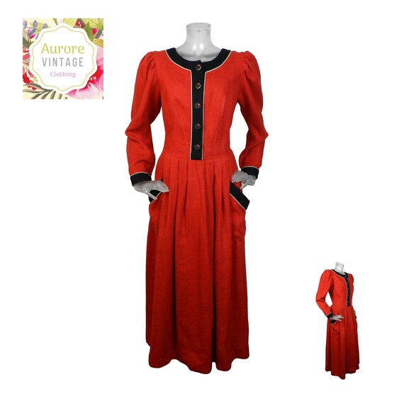 Vintage Red Linen Dirndl Dress, Size UK 10 Fr 38 Oktoberfest Costume Vintage Red Linen Dirndl Dress, Size UK 10 Fr 38 Oktoberfest Costume