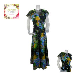 VINTAGE 1970s Dress/Retro Black Multi Flower Maxi Dress UK 12-14 Fr 42/Bohemian/70s Dress/Pussy Bow/ Prairie Dress/Flutter Sleeves/30s Style