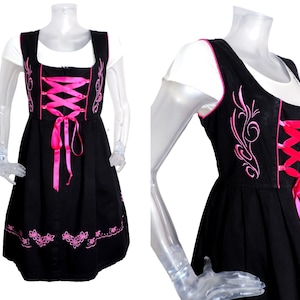 Bavarian VINTAGE Black Pink Embroidered Dirndl Dress UK 10/12 Fr 40  Oktoberfest Bohemian /Austrian/Trachten/German/Tyrolean/Beer Festival
