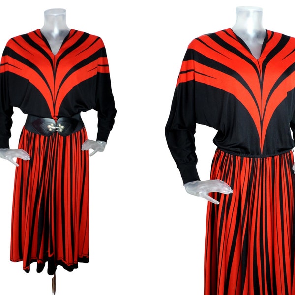 Paris VINTAGE 1980s Dress/Retro Art Deco Block Colour/UK 10 Fr 38 /80s Sun Dress/New Wave/ Red Black Stipe/ Virginie /Batwing Sleeves