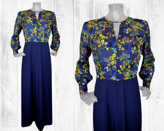 VINTAGE 1960s Maxi Dress/Navy Blue Orange Pop Flow