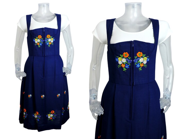 VINTAGE Dirndl Dress/ Blue Folk Flower Bohemian Dress UK 8 Fr 36
