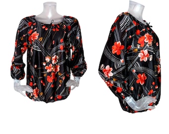 Vintage 1970s Retro Negro Rojo Flor Gitana Blusa Top Reino Unido 14 Fr 42 retro 70s boho/pop/70s camisa/boho blusa/retro/damas/psicodélico/mod