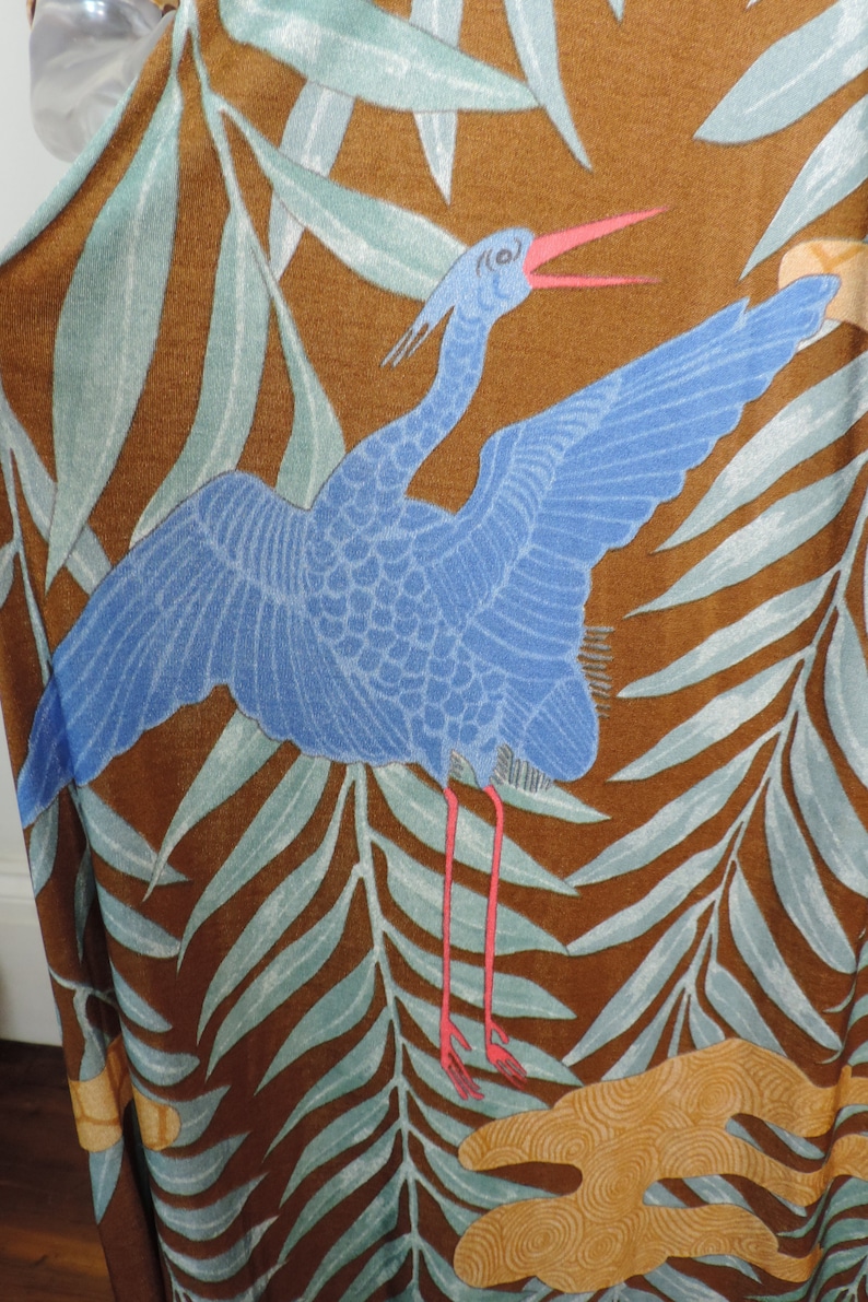 VINTAGE 1970s Maxi Dress/Tan Tropical Palm Bird Print/UK 10 Fr 38/70s Dress/Retro/ Groovy/Pop Print/Boho/Long Dress/ image 8