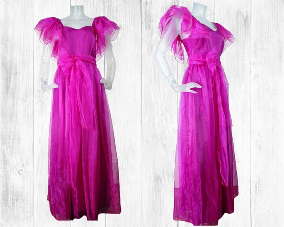 Vintage 1970s Iridescent Pink Maxi Gown with Ruching Details