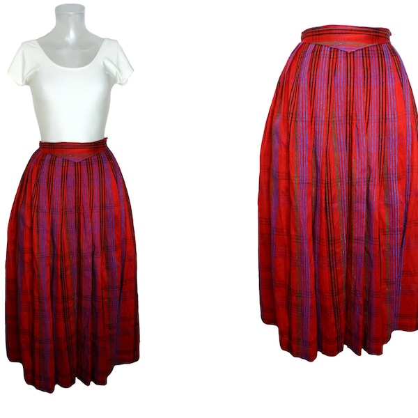 VINTAGE Dirndl Skirt/Red Tartan Silk Folk Skirt UK 12 Fr 40 /Bohemian/Bavarian/Punk/Tyrolean/Country Skirt/Wedding/Operatic /Trachtenmode