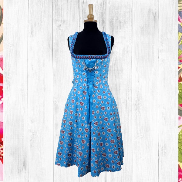VINTAGE Dirndl Dress/Blue Cameo Red Flower Bohemian Folk Dress UK 12 Fr 40 Oktoberfest/Bavarian/Austrian/German/Tyrolean/Renaissance/Costume