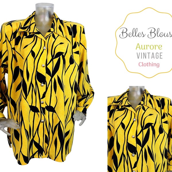 Vintage 1980s french yellow blue leaf blouse top uk 20 f 48 retro  / floral top/ elegant blouse/ occasion blouse/ new wave/80s top/ designer