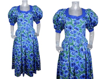 Vintage Folk Dirndl Dress/ Blue Green Bold Floral  Bohemian Dress UK 12 Fr 40  Oktoberfest/Bavarian/Austrian/German/Tyrolean/Cottagecore