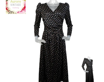 Vestido vintage de los años 80/Vestido retro negro rojo abstracto/Talla 40 del Reino Unido/Vestido de los años 80/Nueva ola/Vestido de ocasión/Estilo años 40/Vestido con corazones cruzados/Vestido negro