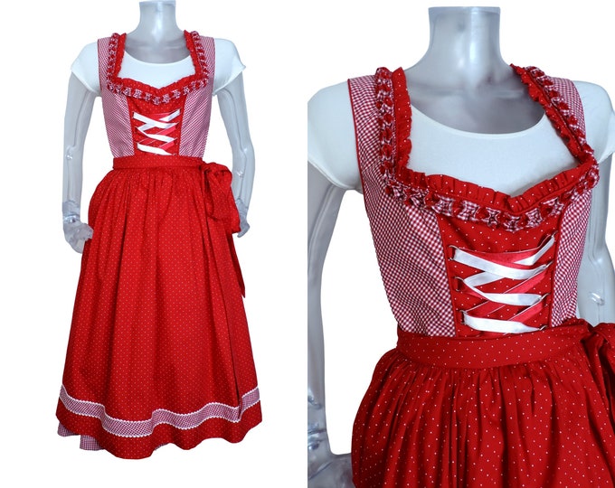 Folk Dirndl Dress/red White Check Polka Dot Bohemian Dress UK 14 Fr 42