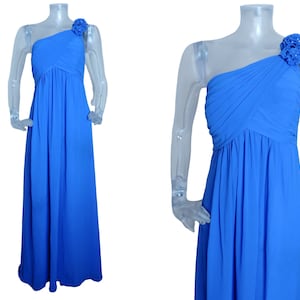VINTAGE 1980s Party Dress/Azure Blue One Shoulder Maxi Dress/UK 10 Fr 38/New Romantic/80s Dress/Cocktail Party/Evening Dress/Avant Garde/