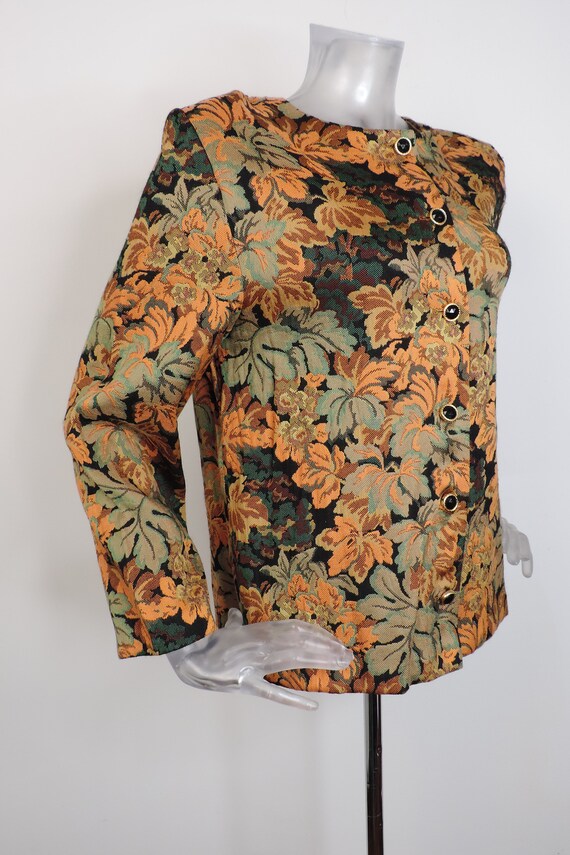 Vintage 1980's Folk Jacket/ Orange Green Leaf Tap… - image 4
