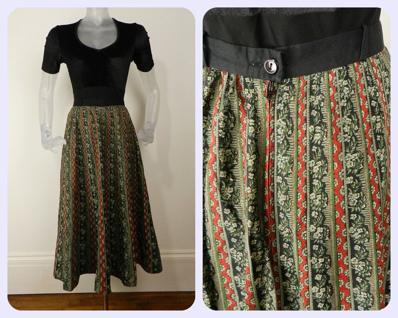 VINTAGE Folk SkirtGrey Red Floral Stripe Dirndl Skirt UK 10 Fr 38 Bohemian SkirtTyrolean skirt Winter Skirt Cotton Skirt Calf Length