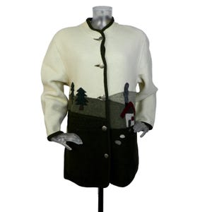 Vintage Wool Folk Jacket/Cream Grey Felt House Applique Jacket Cardigan/M-L/Kaufmann Coat/Oktoberfest/Cottagecore/Tyrolean/Bavarian/Novelty