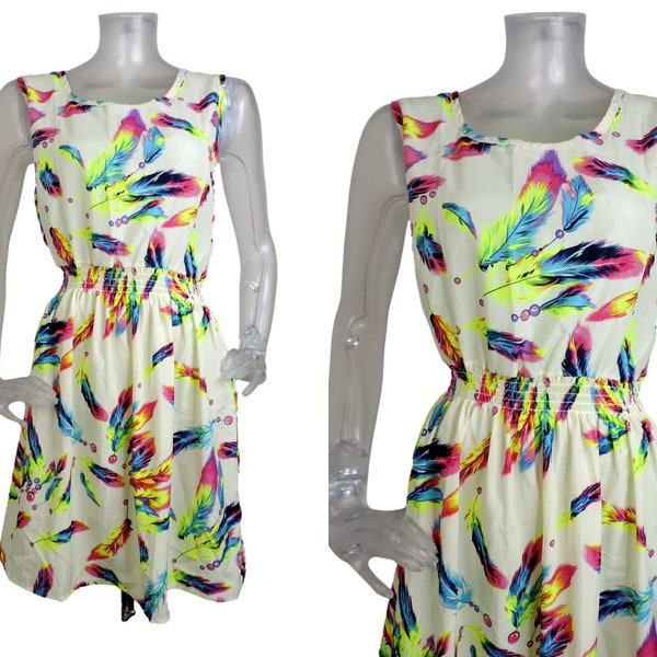 Vintage 1980s Bright Daiglow Feather Tunic Dress UK 14 Fr 38  New Wave/ 80s Blouse Top/ Pop Print/