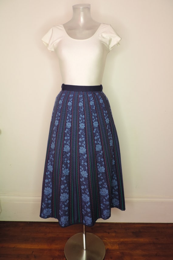 VINTAGE Dirndl Skirt/Blue Black Stripe Floral Fol… - image 2