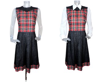 French VINTAGE 1960s Dress /Grey Wool Tartan Skirt Mod Dress /UK 12 Fr 40/ 60s Dress /Mod /Punk 70s/ Retro Dress/Pinafore Dress/Winter