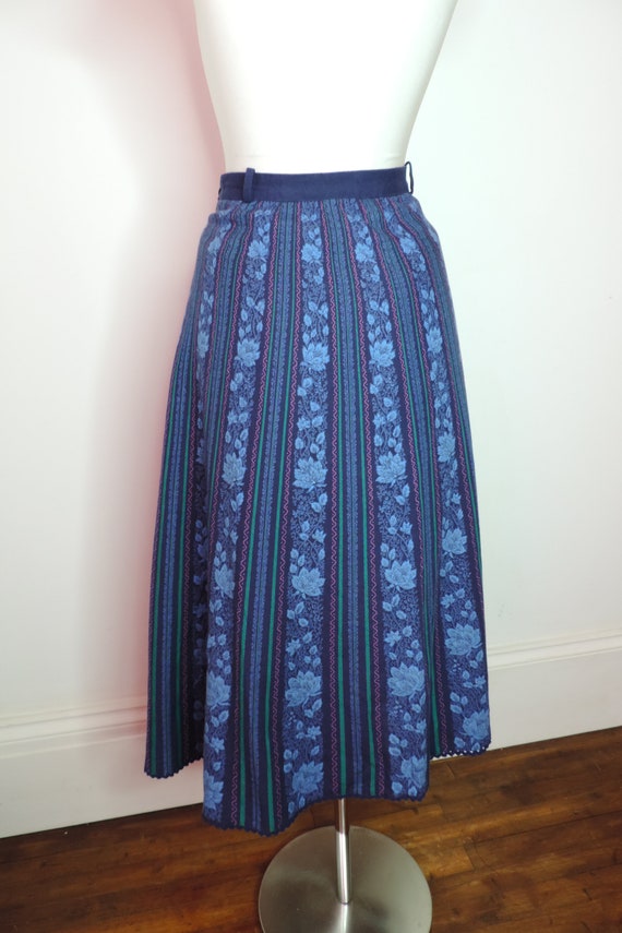 VINTAGE Dirndl Skirt/Blue Black Stripe Floral Fol… - image 5