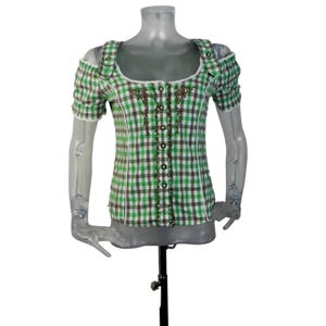 Vintage Dirndl Blouse/ Folk Top Green Gingham/UK 10 Fr 38/Cotton/Tyrolean/Oktoberfest Blouse/ Cottagecore/Trachten/Bavarian/Cowgirl Top