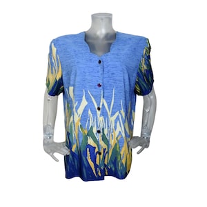 Vintage 1980s Blouse Top/Retro Under the Sea Blouse Top UK 18 Fr 46  80s blouse//Blue Yellow/Tropical Print/Short sleeve Blouse/Blue blouse