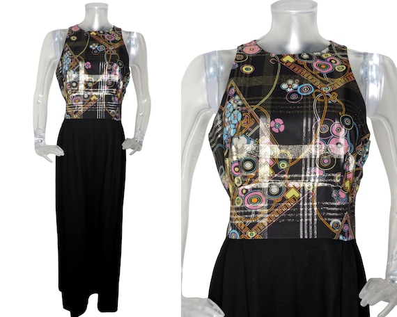 Vintage 1970s Metallic Floral Black Maxi Dress UK… - image 1