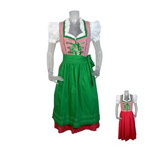 Folk Dirndl Dress/Red White Green Bohemian Dress Apron UK 12 Fr 40/Cottagecore/ Oktoberfest/Bavarian Dress/Austrian/German/Tyrolean Dress/