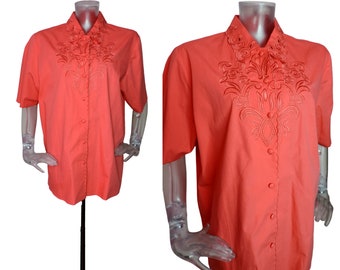 Vintage 1980s Coral Naranja Blusa Bordada Top uk 16 fr 44 New wave/ Indie/80s blusa top/festival de verano/blusa de manga corta de algodón