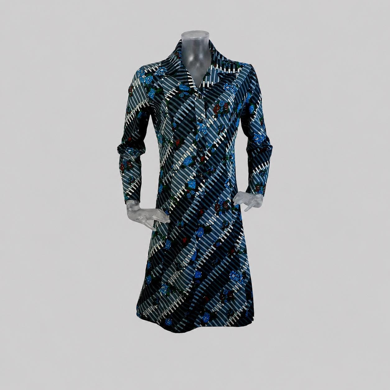 VINTAGE 1970s Dress/Blue Stripe Retro Pattern /UK 10 F 38 /70s Geometric /Pop/ Dagger Collar