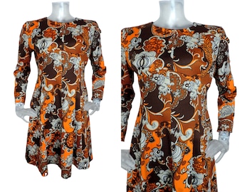 Robe VINTAGE des années 1970/Retro Orange Brown Floral Pop UK 14 Fr 42/Bohème/Robe des années 70/Robe rétro/Robe à fleurs/Mod/Psychédélique