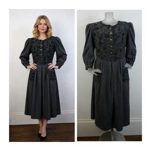 Vintage Dirndl-jurk/Grijze bloemenprint Folk-outfit UK 16 Fr 44 Oktoberfest/Beiers/Cottagecore