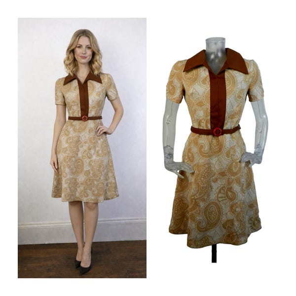 Vintage 1960s Paisley A-Line Dress/Tan Brown Mod Mini Polyester Day Dress UK 12 Fr 40