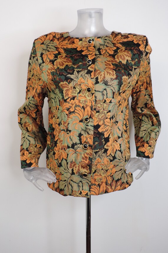 Vintage 1980's Folk Jacket/ Orange Green Leaf Tap… - image 2